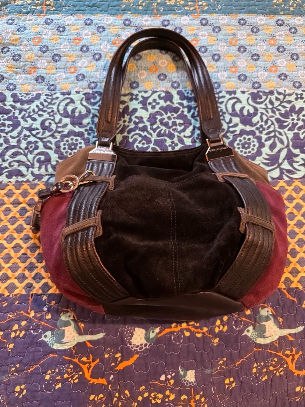 Tignanello Black Suede and Burgundy Leather-Trim Shoulder Bag